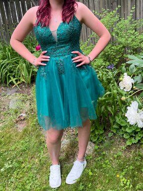 Green grad/junior prom dress, corset back + beading
